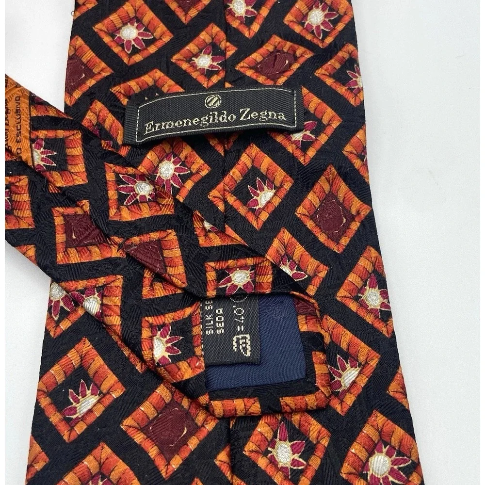 Ermenegildo Zegna Black Orange Dk Red Tie‎ 100% Silk Italy